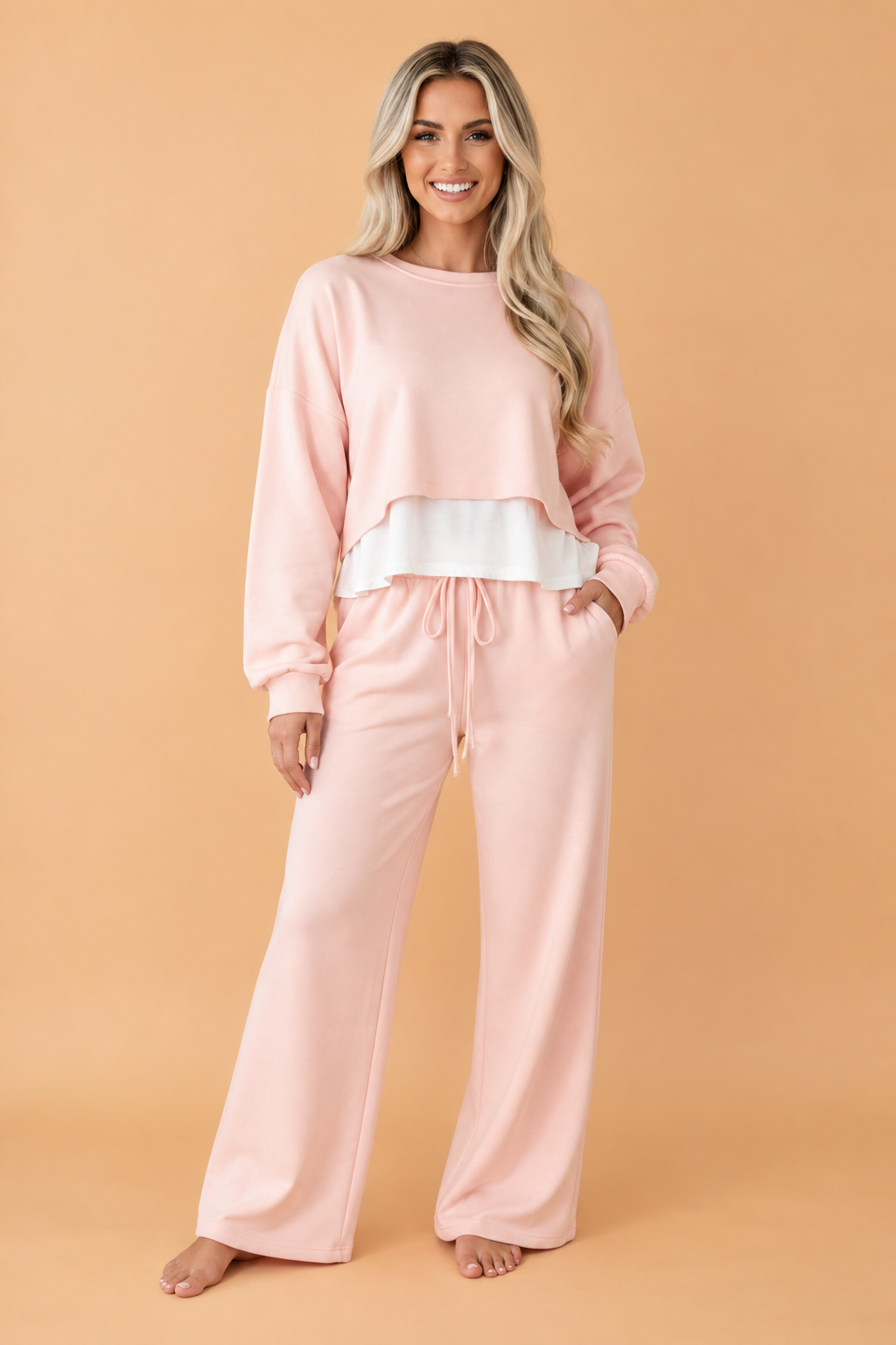 Solid Contrast Overlay Top & Drawstring Pant Set