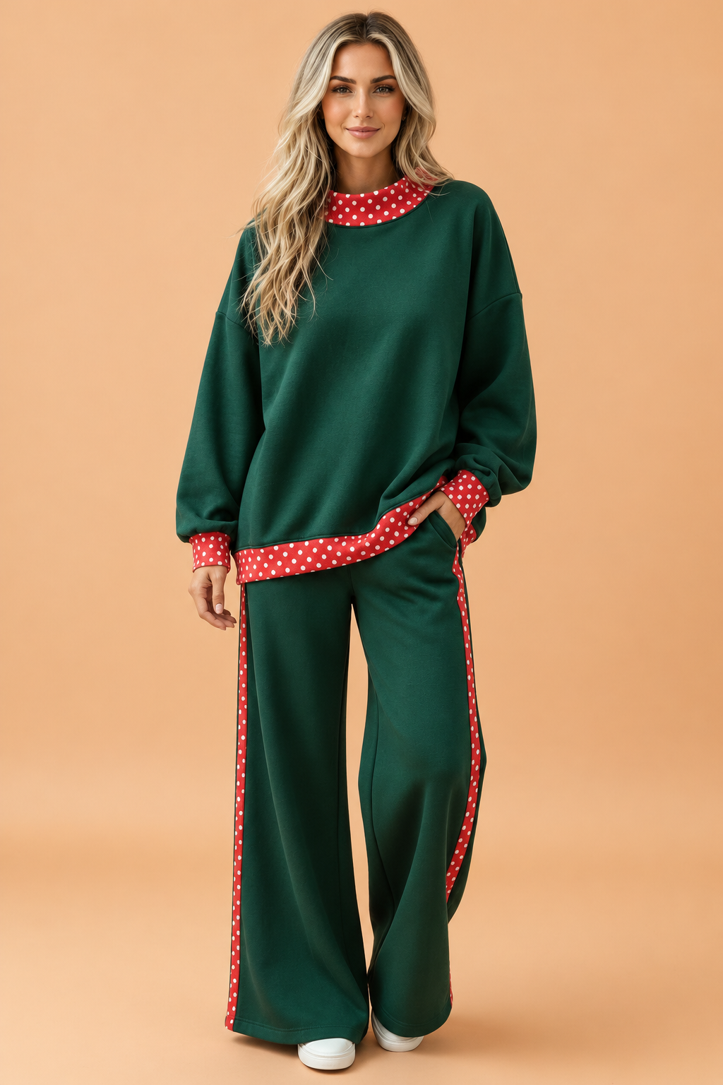 Polka Dot Colorblock Mock Neck Top & Pants Set