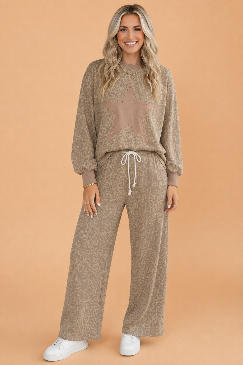 Leopard Star Patch Long Sleeve Top & Pants Set