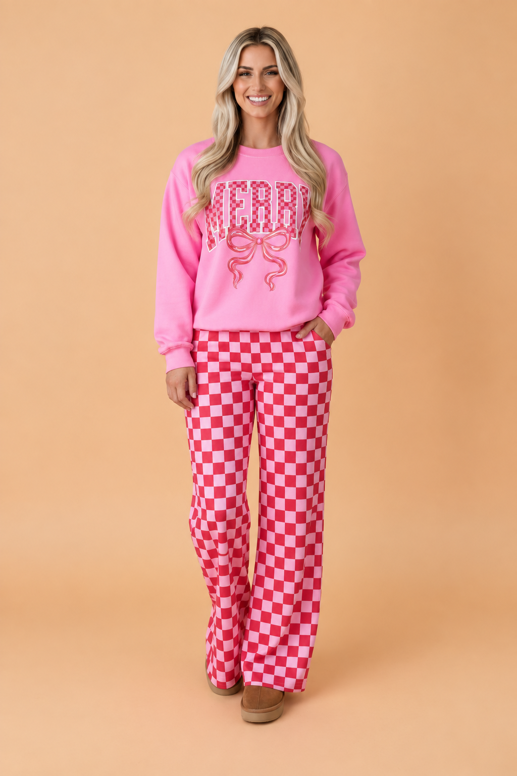 Christmas Merry Bow Graphic Top & Checker Pants Set