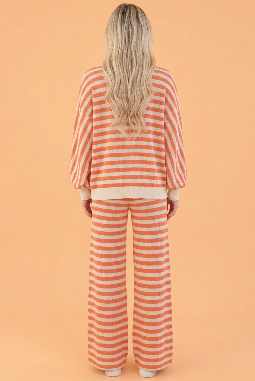 Stripe Textured Contrast Mock Neck Top & Pants Set