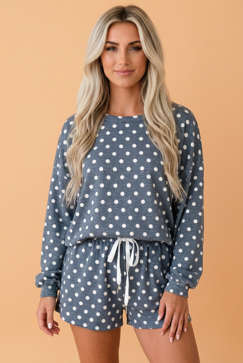 Polka Dot Long Sleeve Top & Drawstring Shorts Set