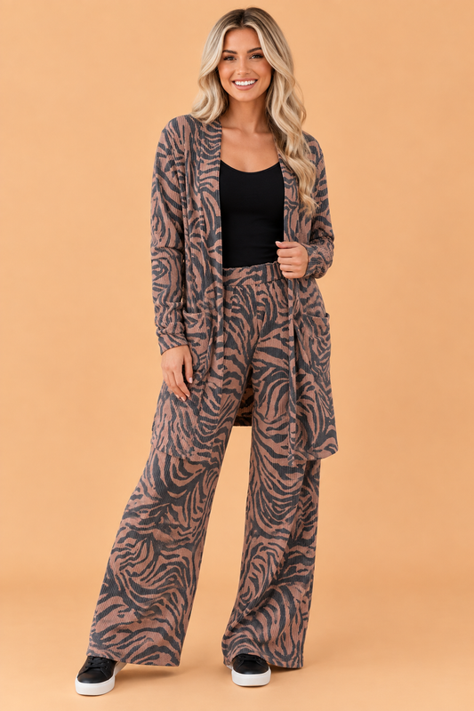 Zebra Corded Knit Longline Cardigan & Pants Set