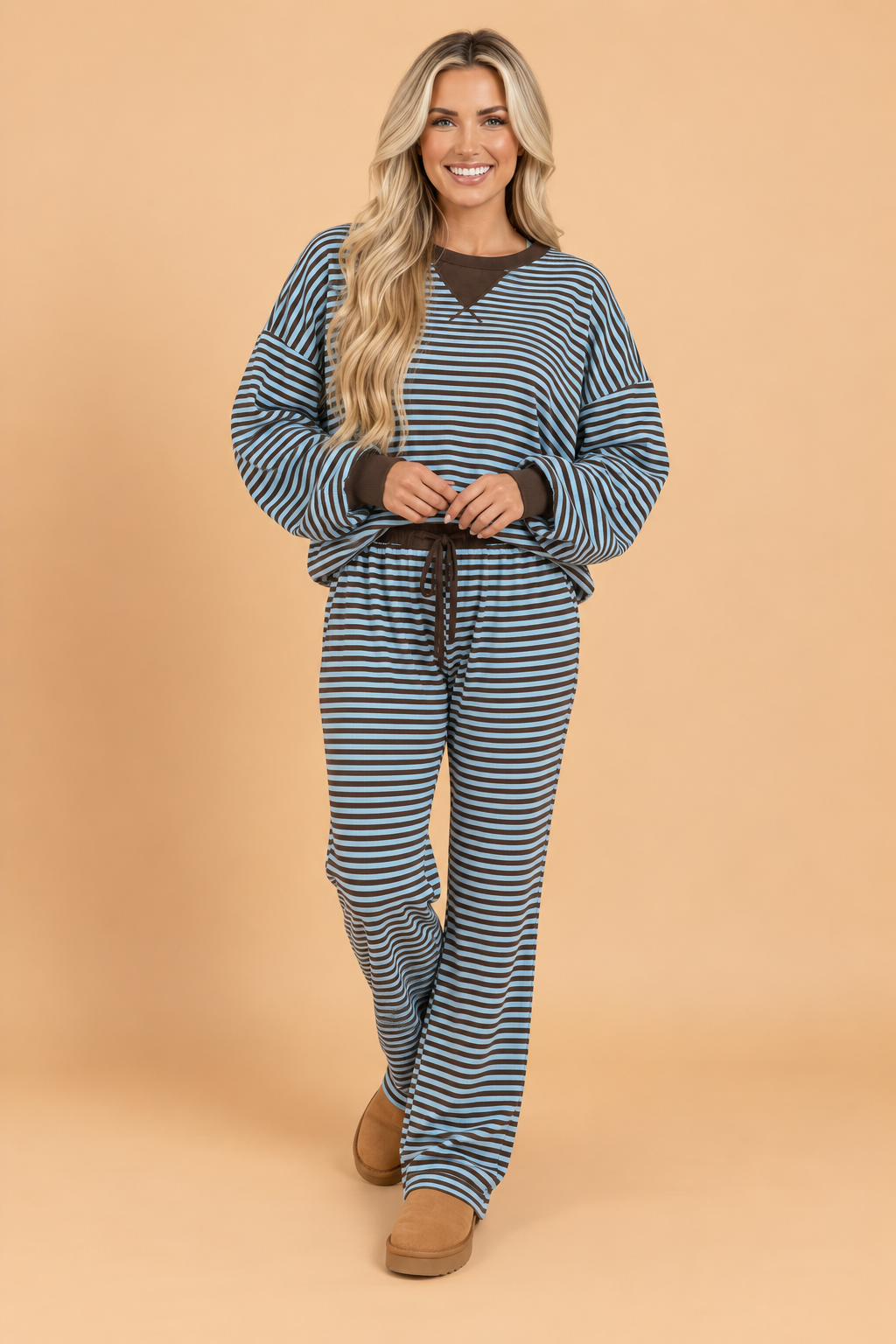 Stripe Drop Shoulder Loose Top & Pants Set