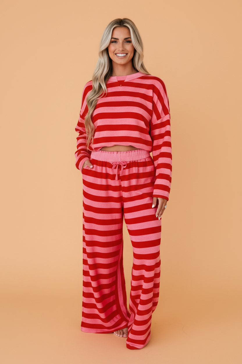 Stripe Drop Shoulder Pullover Top & Loose Pants Set