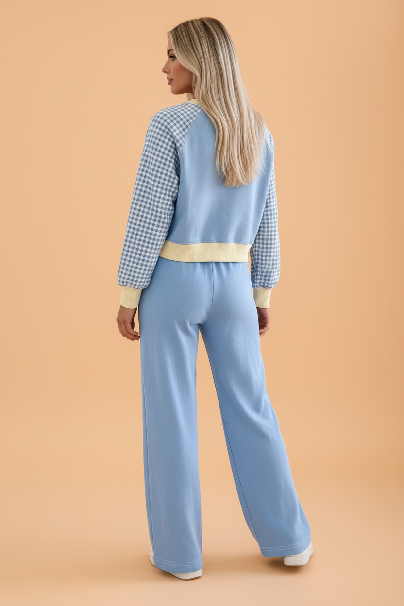 Colorblock Gingham Raglan Sleeve Top & Pants Set