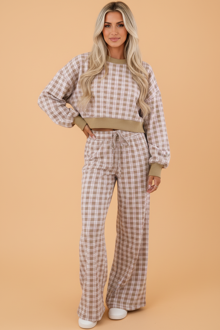 Plaid Colorblock Trim Crop Top & Pants Set