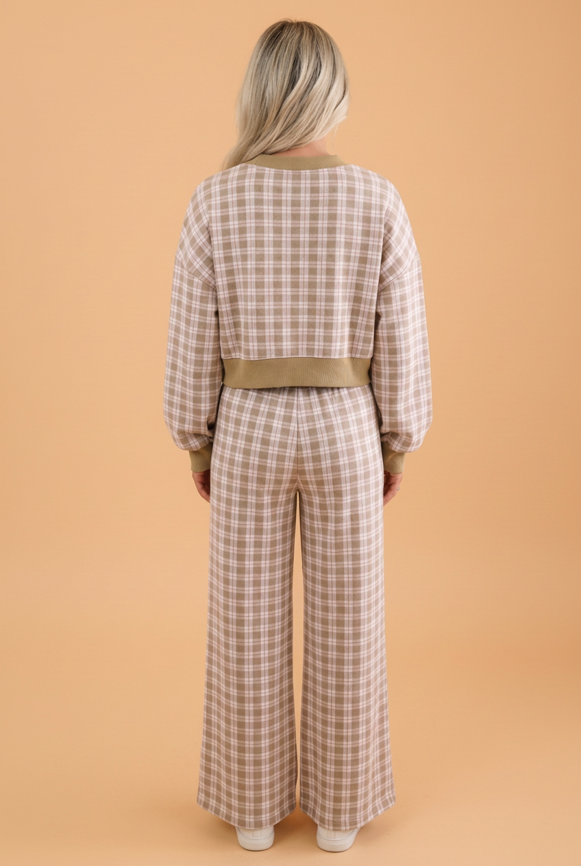 Plaid Colorblock Trim Crop Top & Pants Set