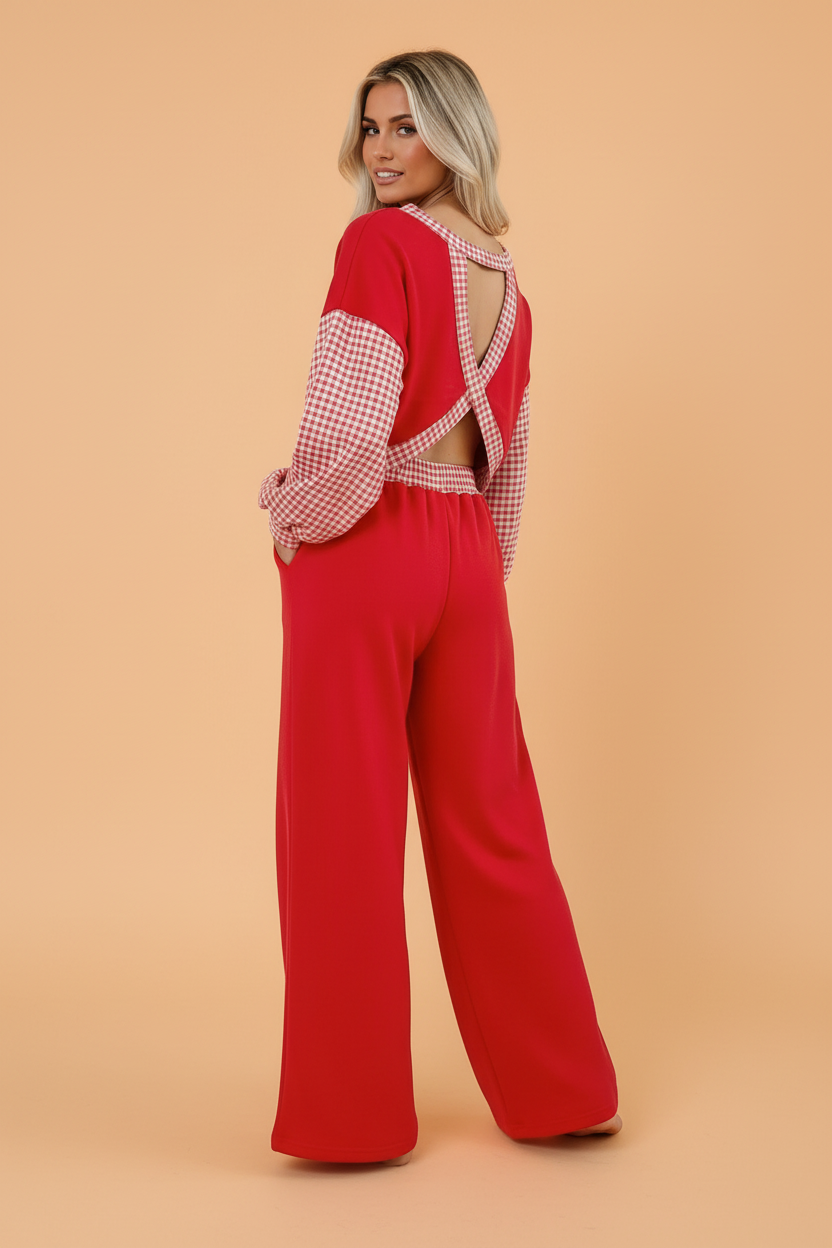 Gingham Patchwork Back Cutout Top & Pants Set