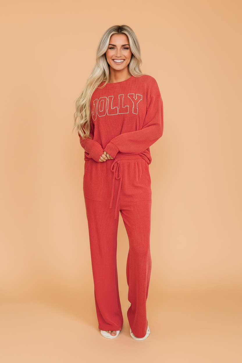 Christmas Letter Print Corded Knit Top & Pants Set