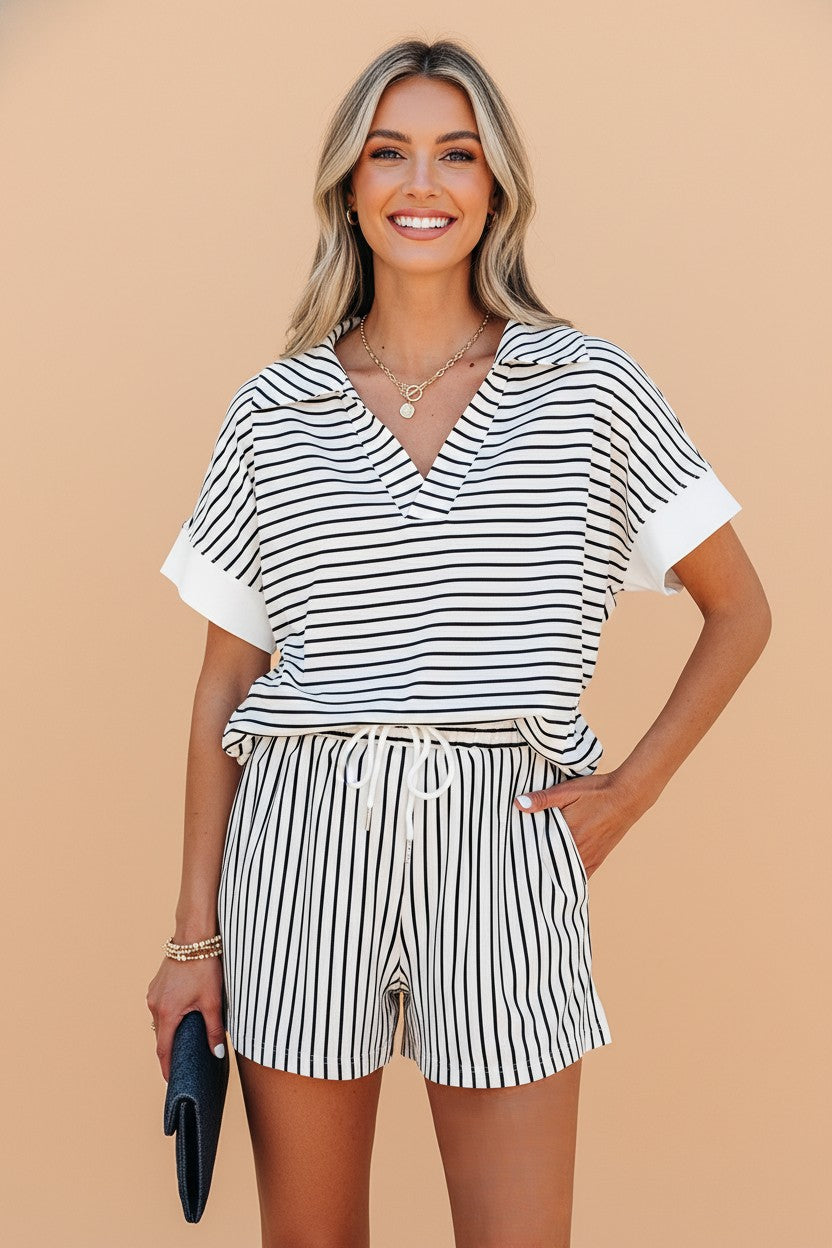 Stripe V-Neck Tee and Casual Shorts Set