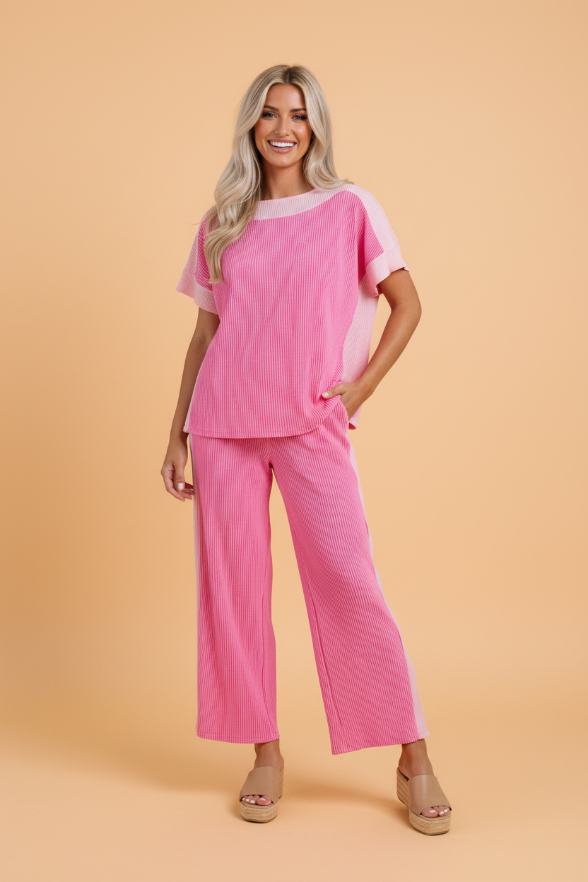 Colorblock Corded Top & High-Waisted Bottom