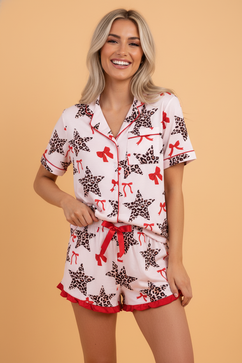 Leopard Star Bow Tie Top and Short Pajama Set