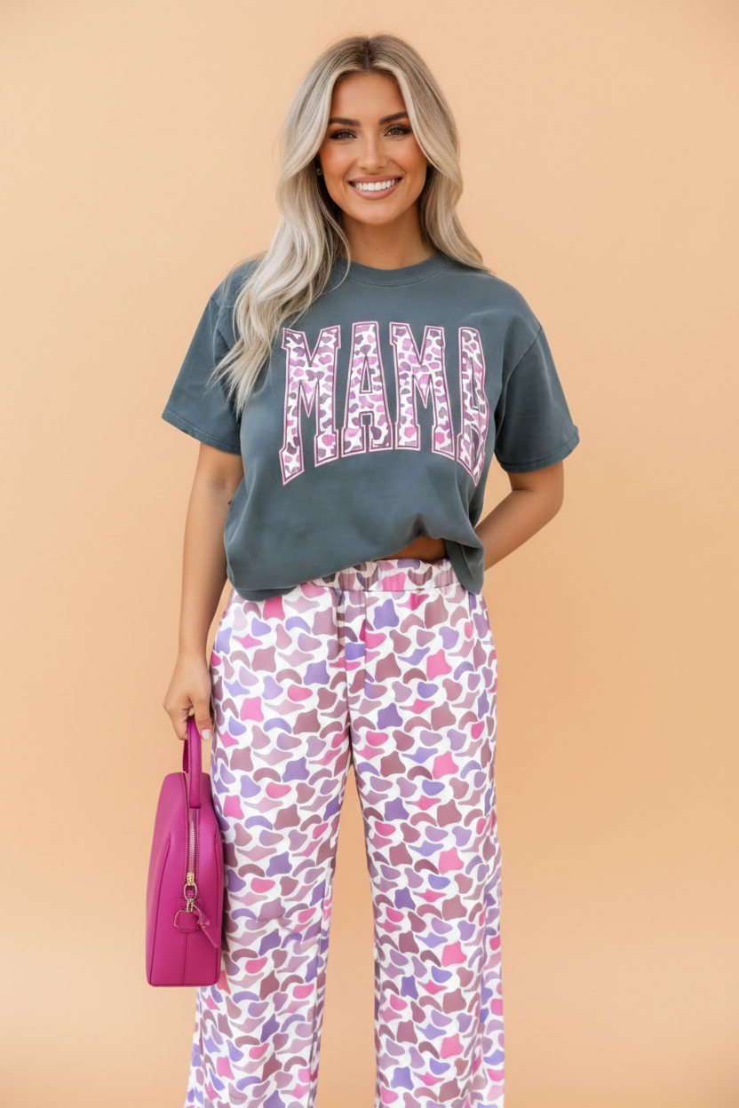 MAMA Letter Graphic Tee & Camo Loose Pant Set