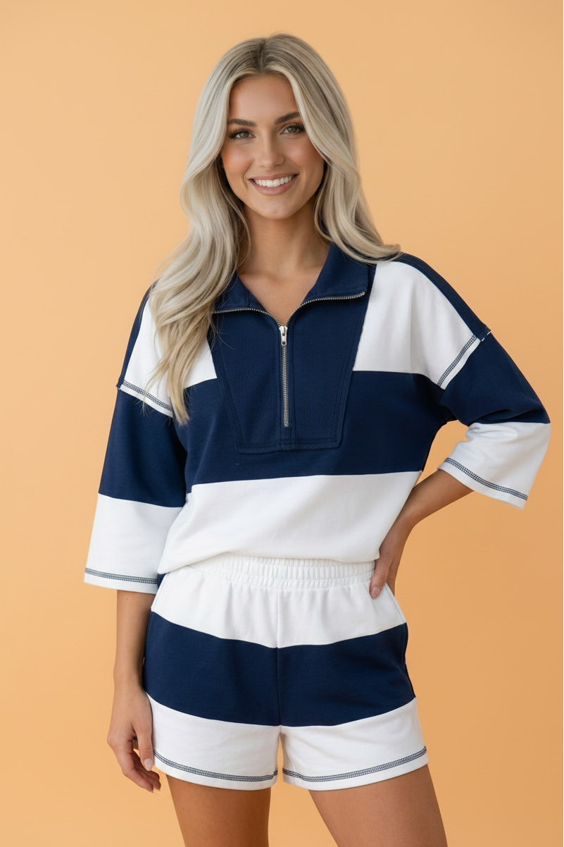 Stripe Colorblock Reverse Seam Top and Shorts Set