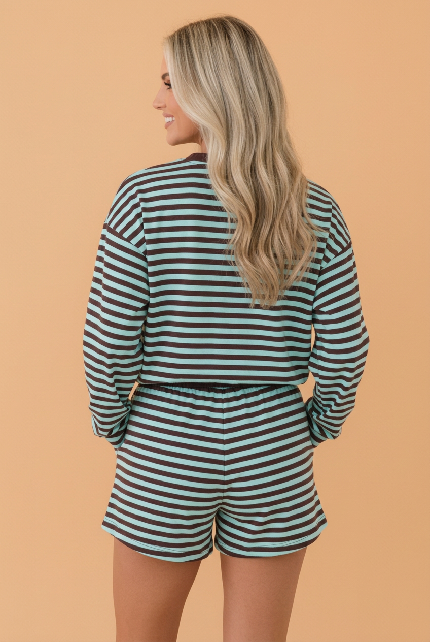 Stripe Contrast Long Sleeve Top & Shorts Set