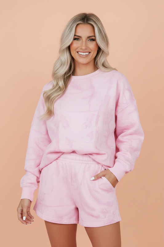 Abstract Ribbed Crew Neck Top & Elastic Waist Shorts Set
