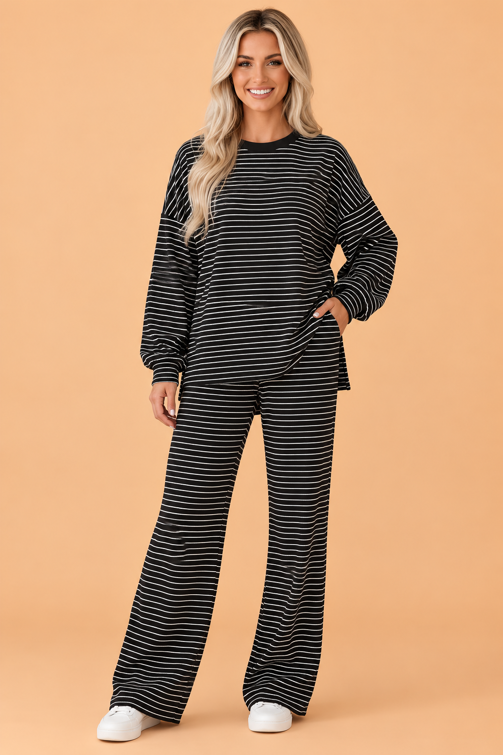 Stripe Drop Shoulder Long Sleeve Top & Pants Set
