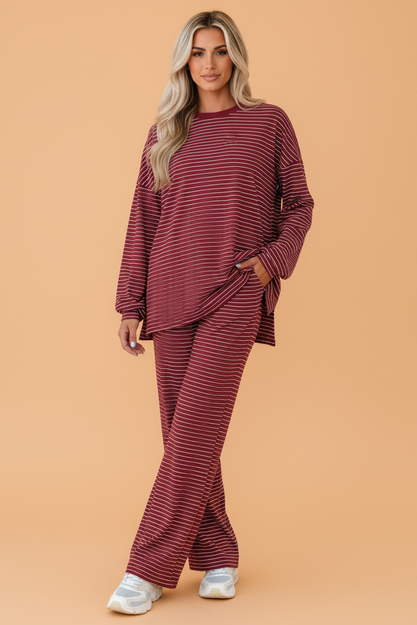 Stripe Drop Shoulder Long Sleeve Top & Pants Set