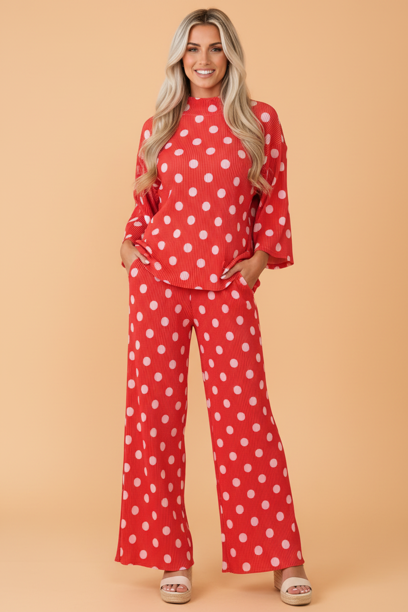 Polka Dot Ribbed Knit Mock Neck Top & Pants Set