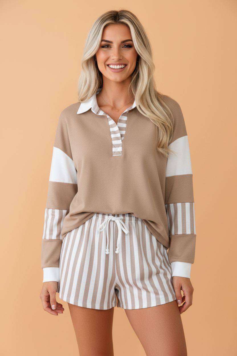 Stripe Colorblock Polo Top & Drawstring Shorts Set