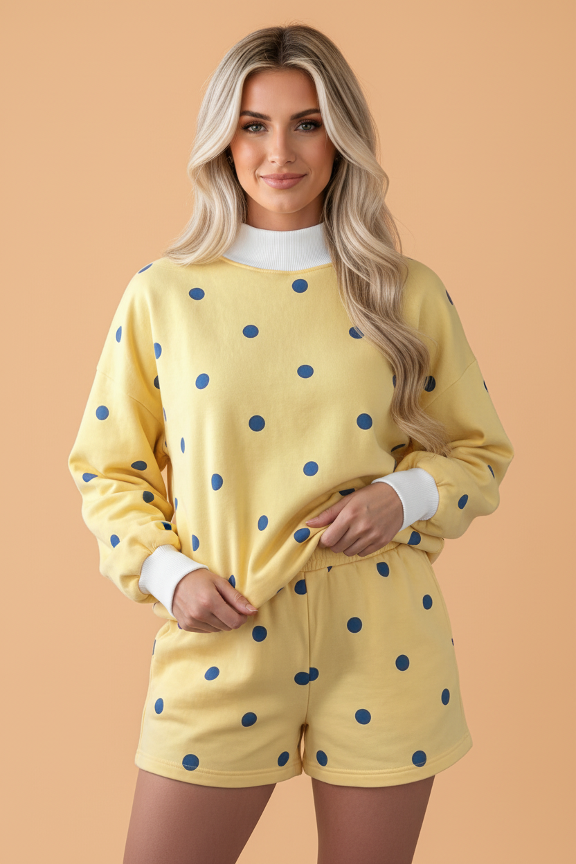 Polka Dot Ribbed Trim Long Sleeve Top & Shorts Set