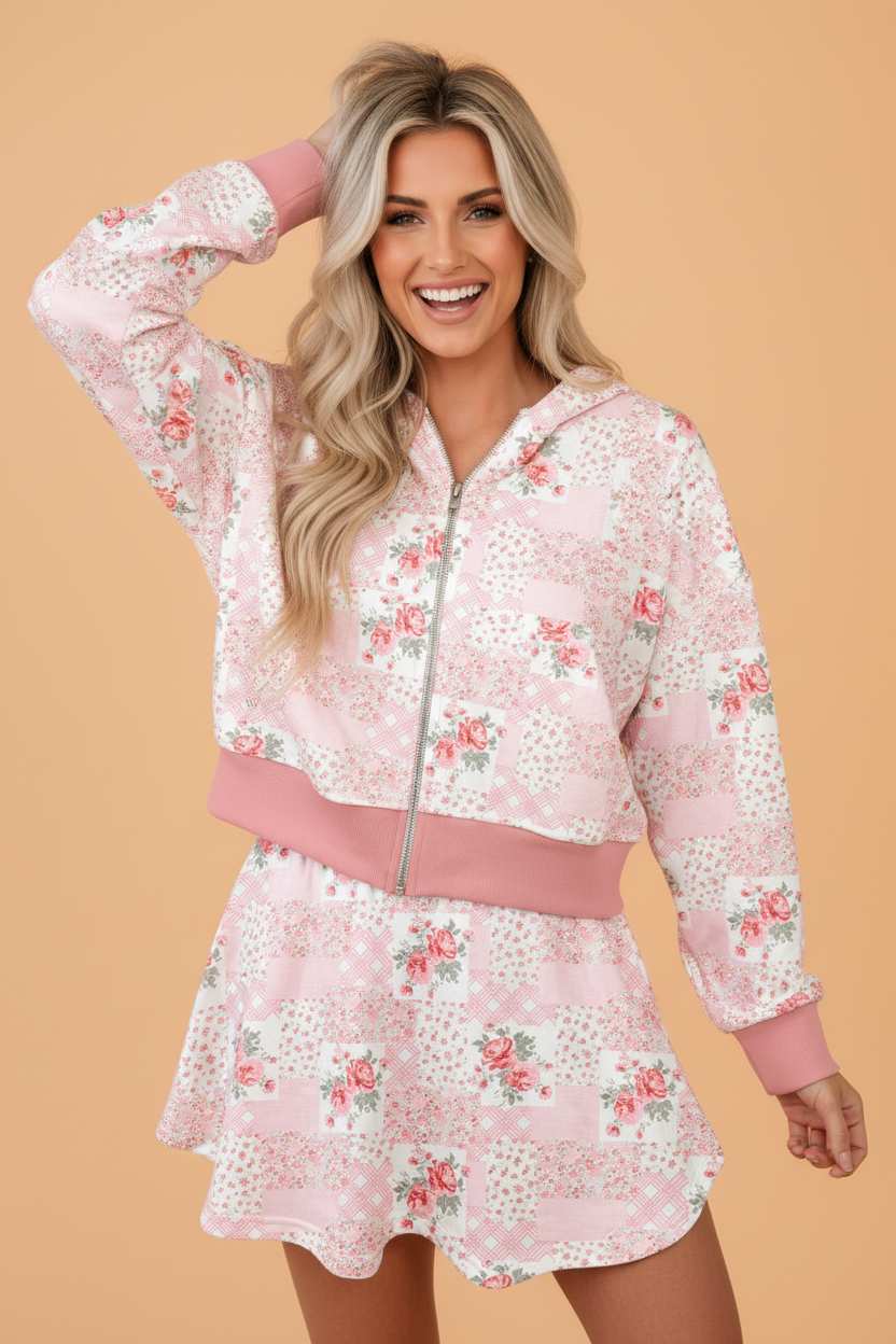 Floral Patchwork Zip Up Hoodie & Skort Set