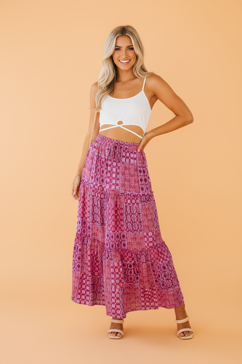 Tiered Paisley Pocketed Maxi Skirt
