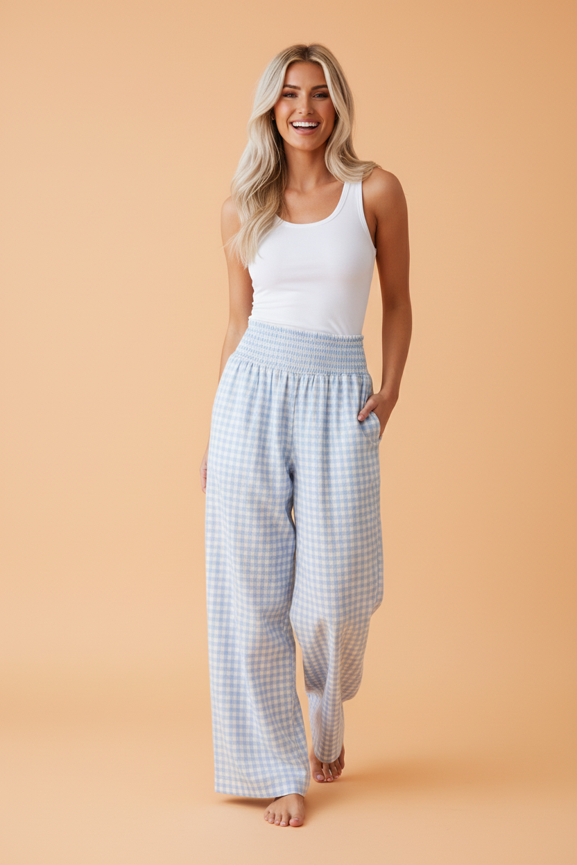 Gingham Plaid Smocked High Waist Pants