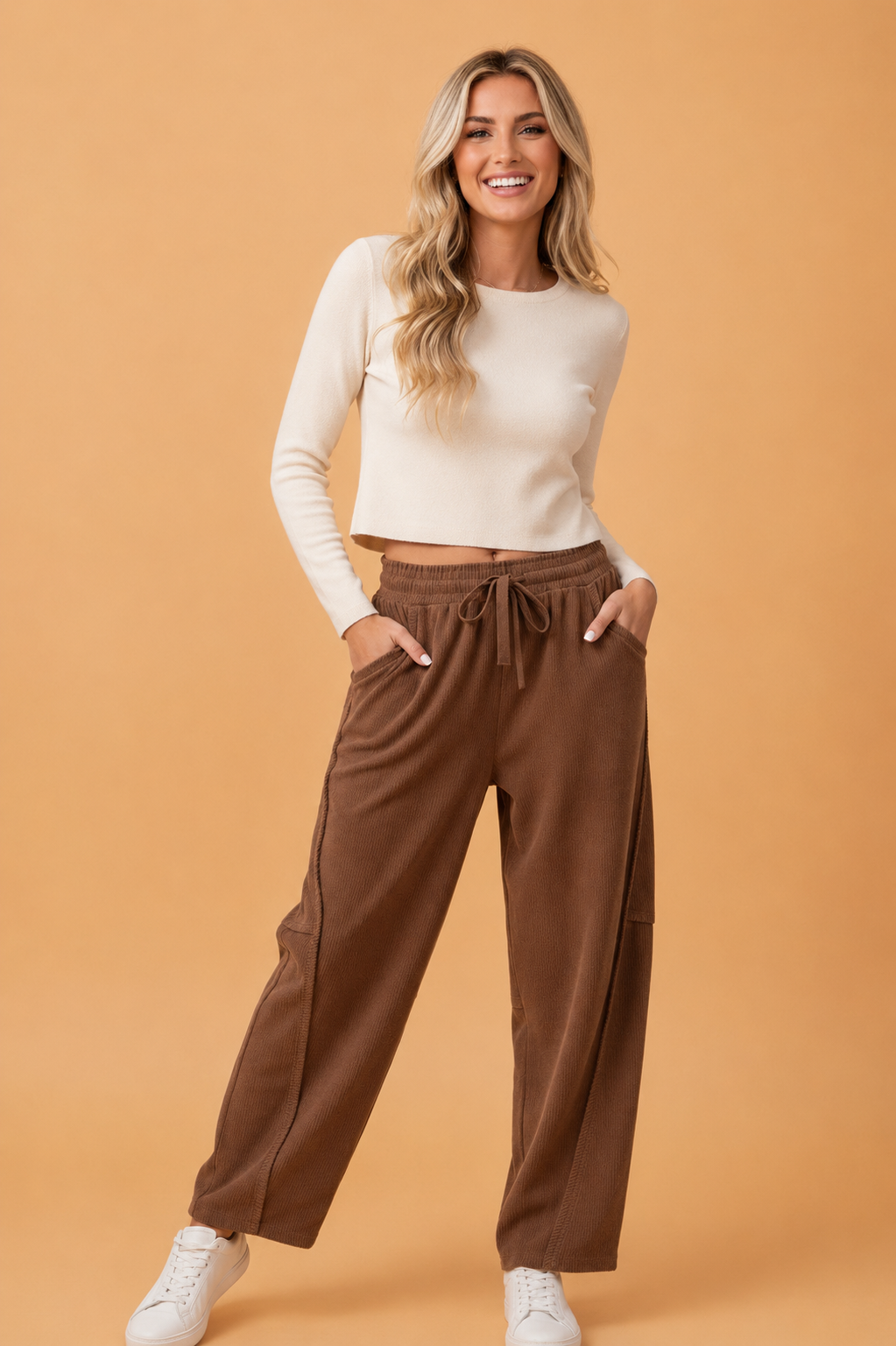 Solid Corduroy Drawstring Elastic Waist Cargo Pants