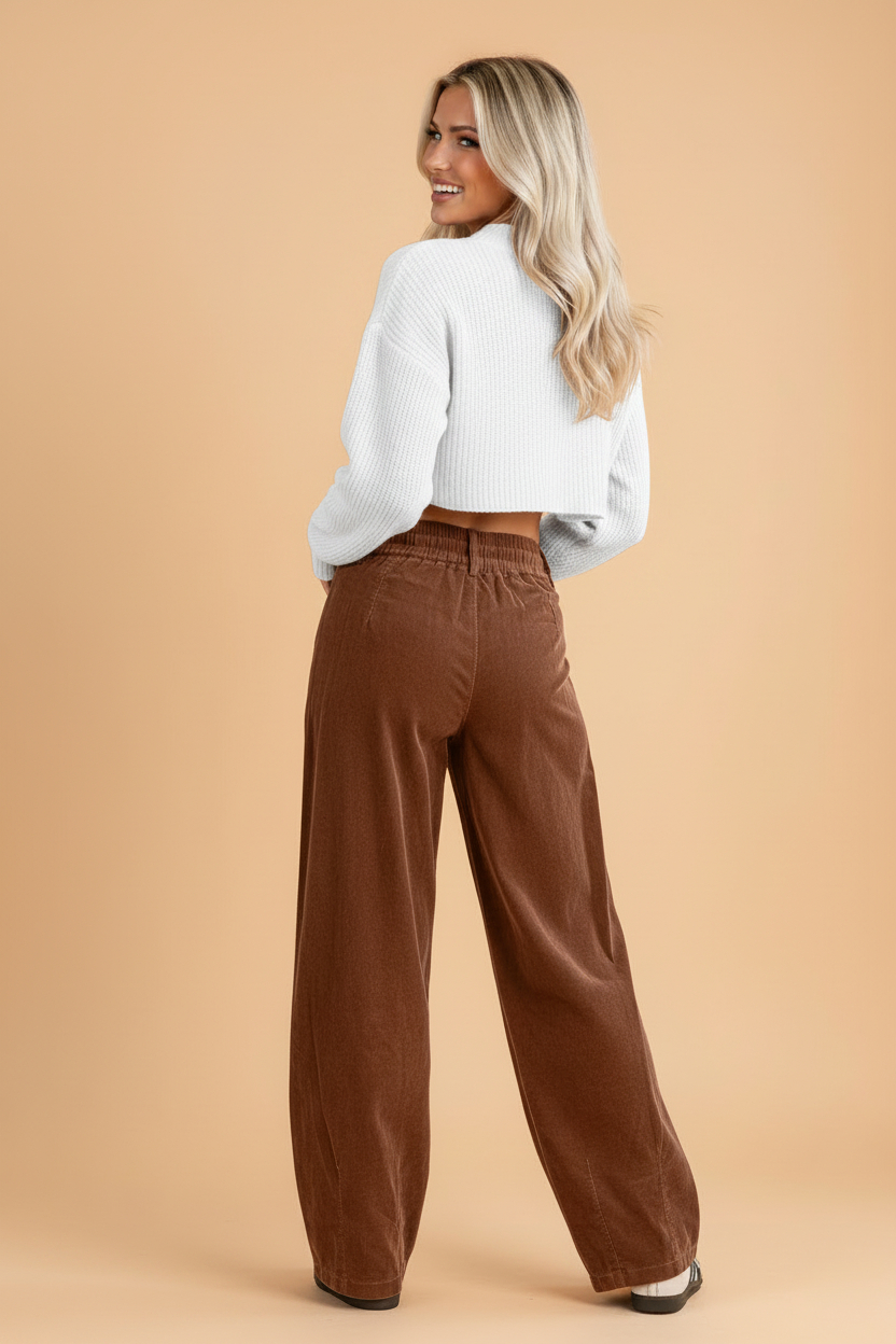 Solid Corduroy Drawstring Waist Pleated Barrel Pants