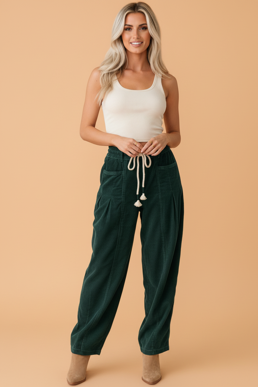 Solid Corduroy Drawstring Waist Pleated Barrel Pants