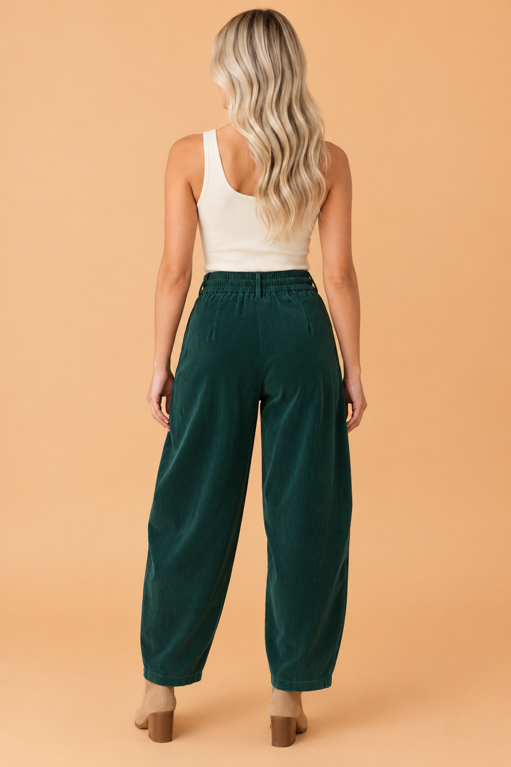 Solid Corduroy Drawstring Waist Pleated Barrel Pants