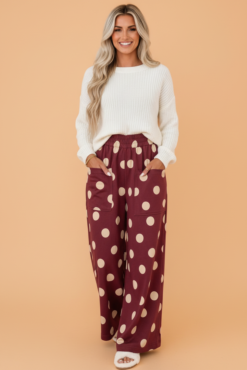 Polka Dot Elastic Waist Wide Leg Pants