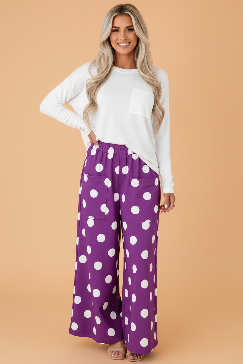Polka Dot Elastic Waist Wide Leg Pants