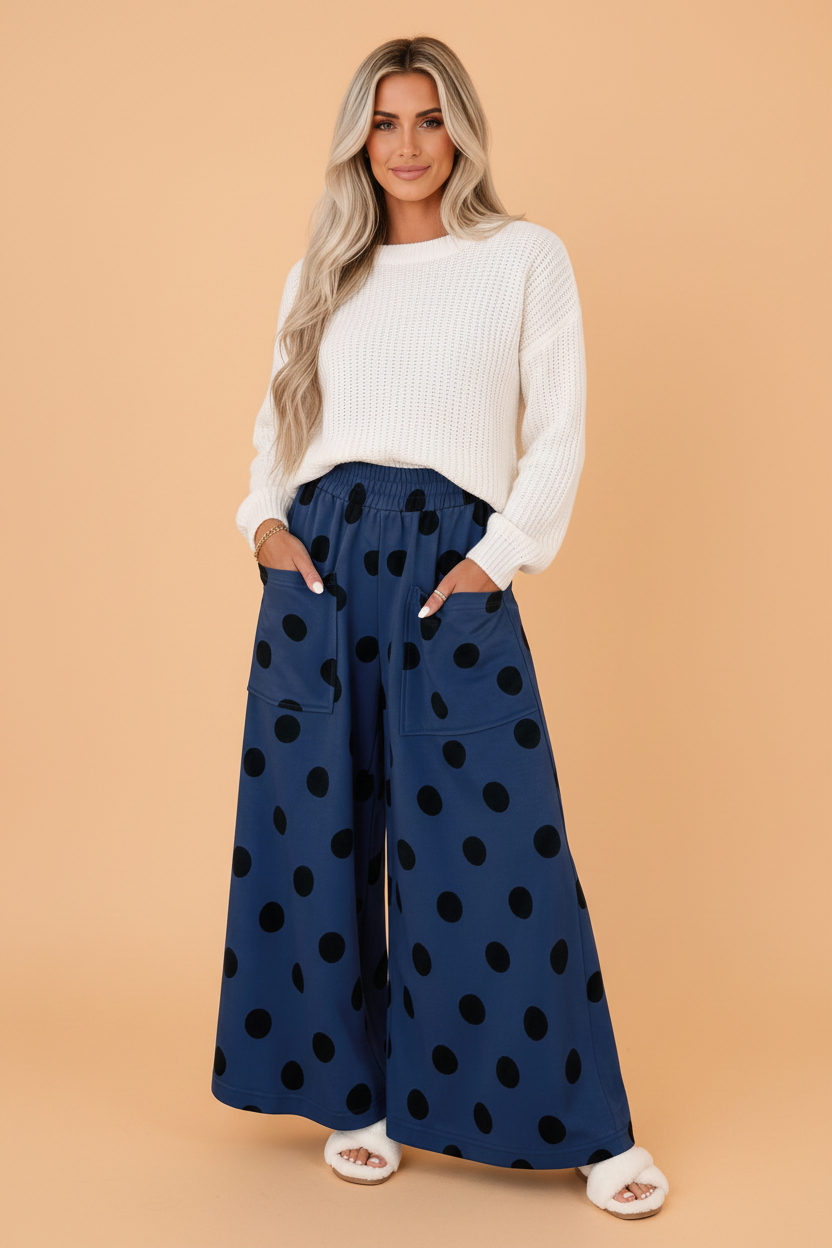 Polka Dot Elastic Waist Wide Leg Pants