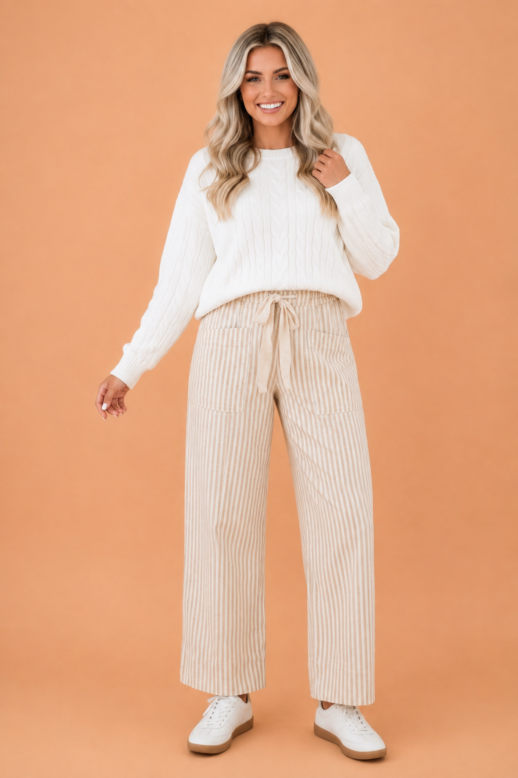 Stripe Ribbon Drawstring Waist Wide Leg Pants