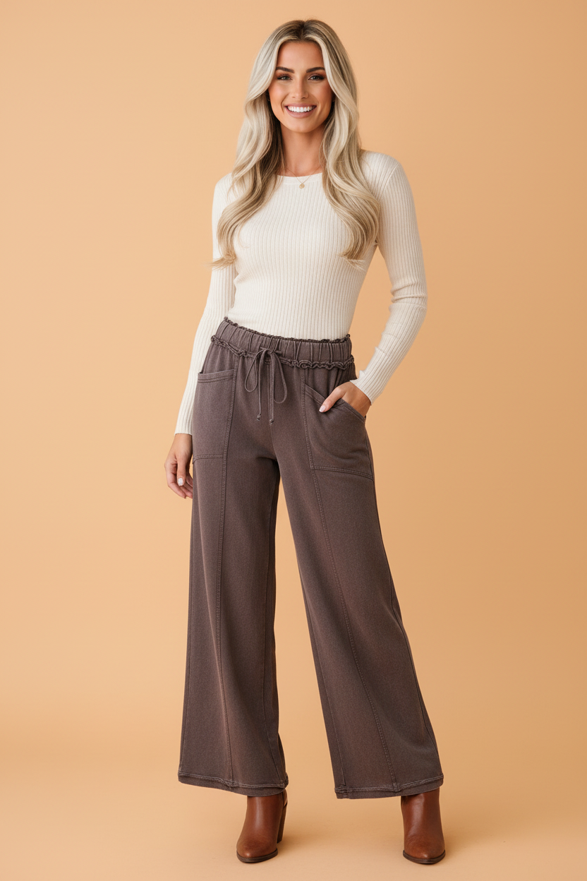 Mineral Wash Seam Detail Flared Drawstring Pants