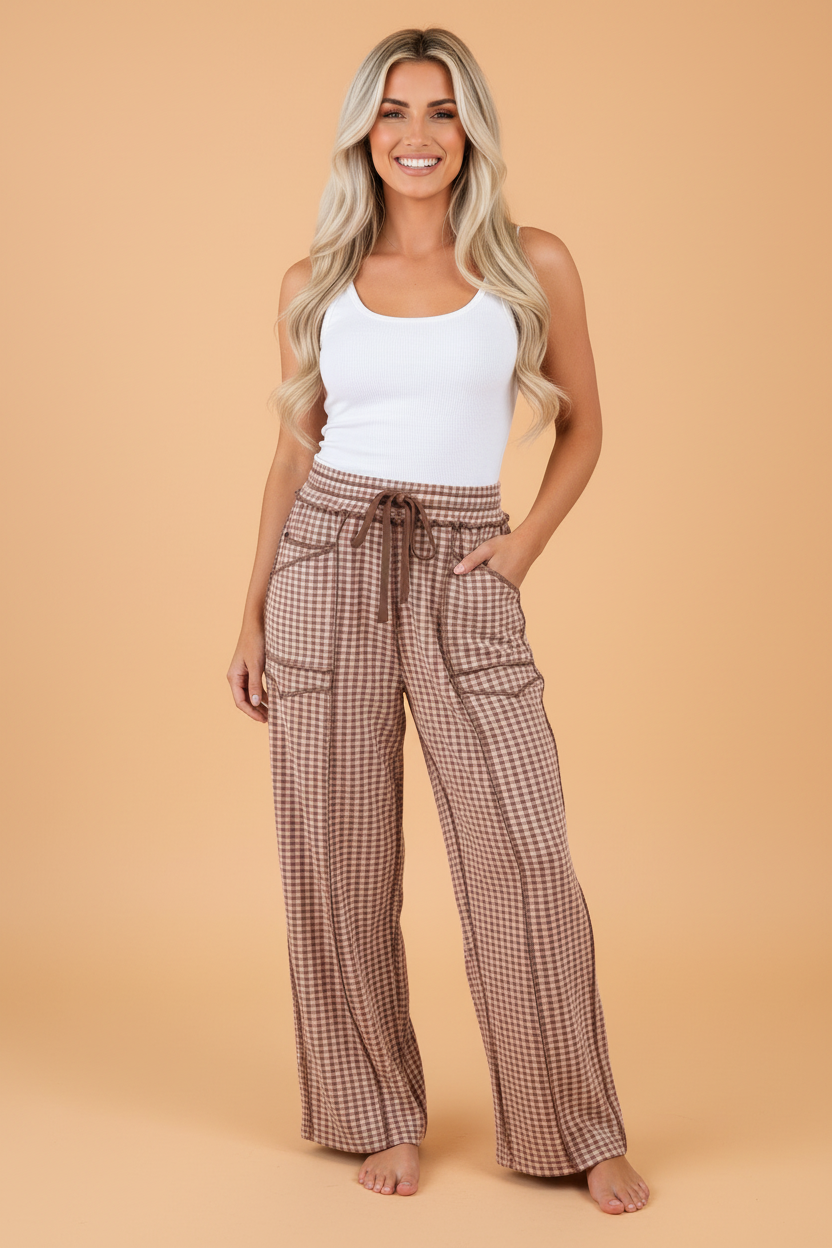 Gingham Exposed Seam Drawstring Elastic Waist Pants