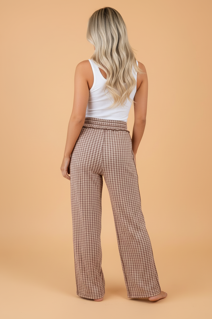 Gingham Exposed Seam Drawstring Elastic Waist Pants