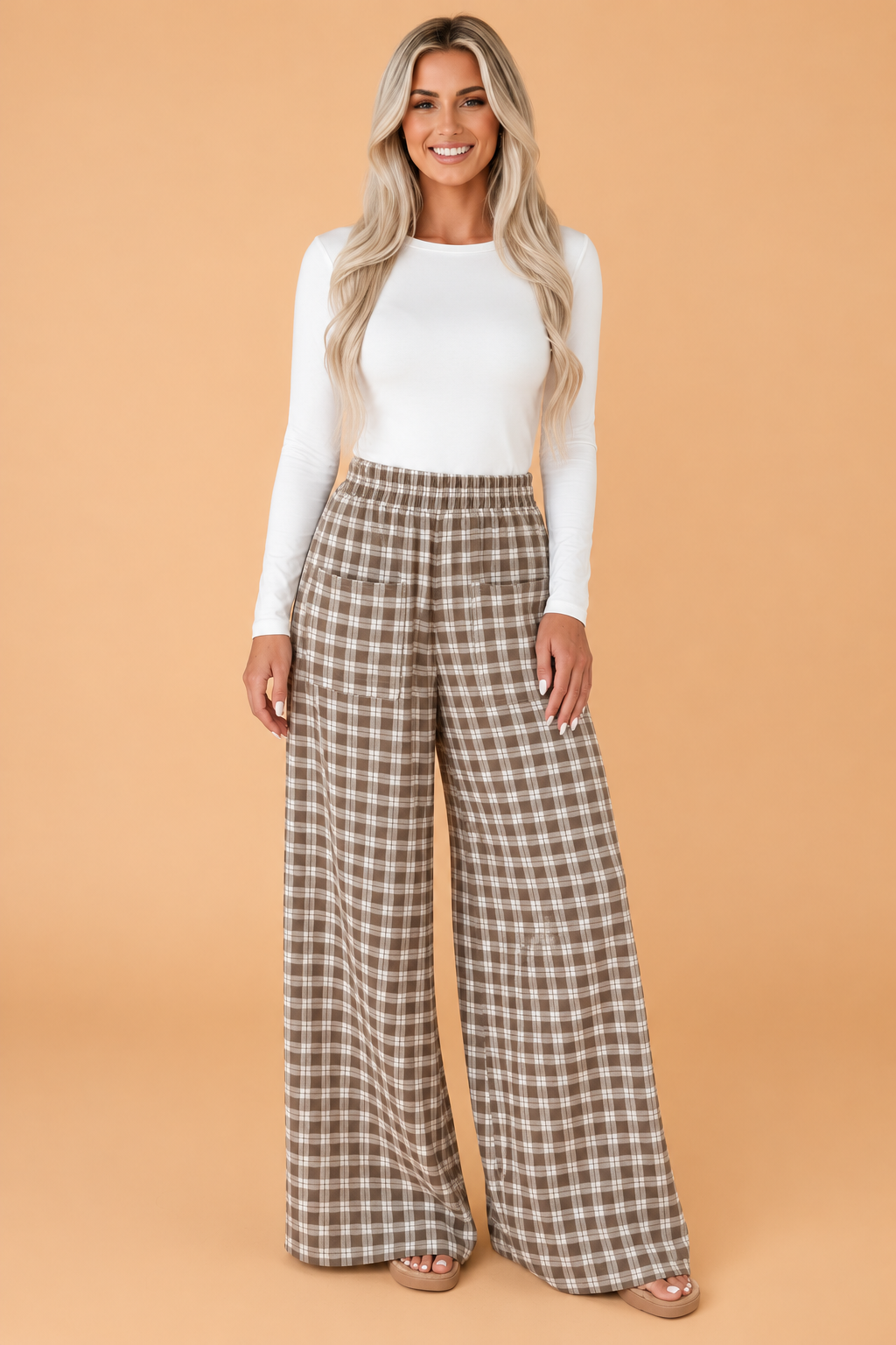 Plaid Patch Pocket Elastic Waist Wide Leg Pants