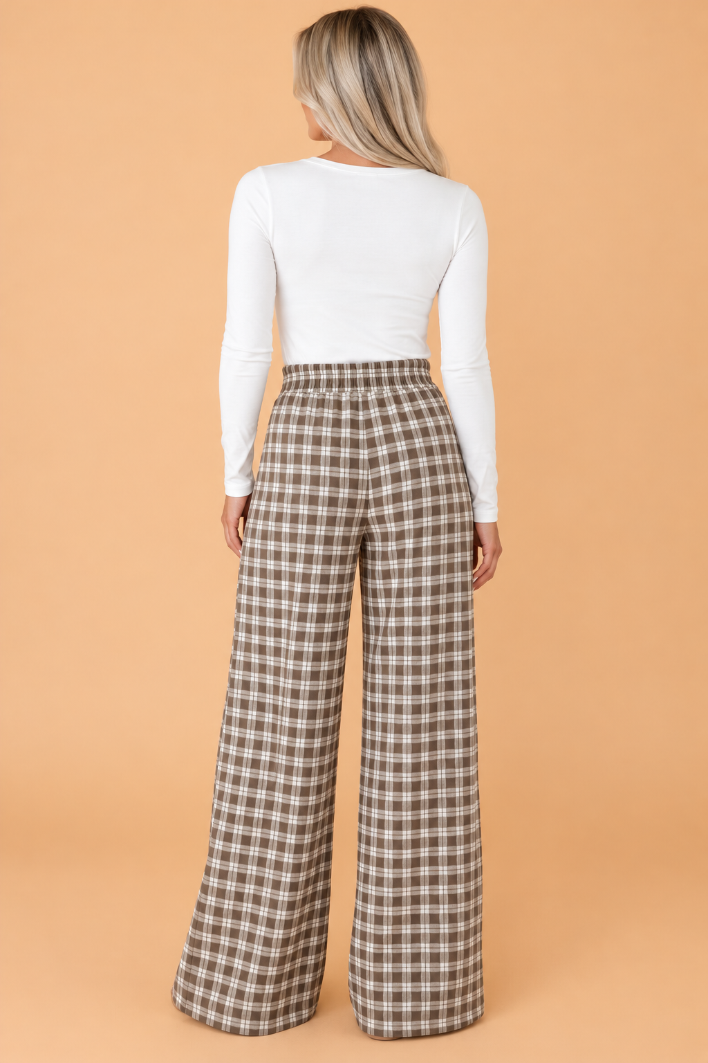 Plaid Patch Pocket Elastic Waist Wide Leg Pants