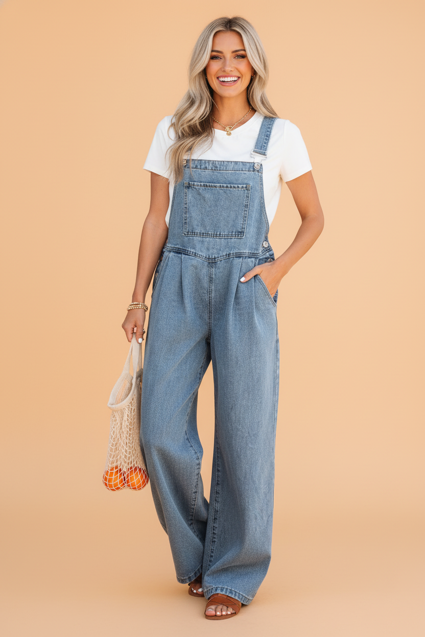 Pleated Wide Leg Retro Pocketed Denim Jumpsuit