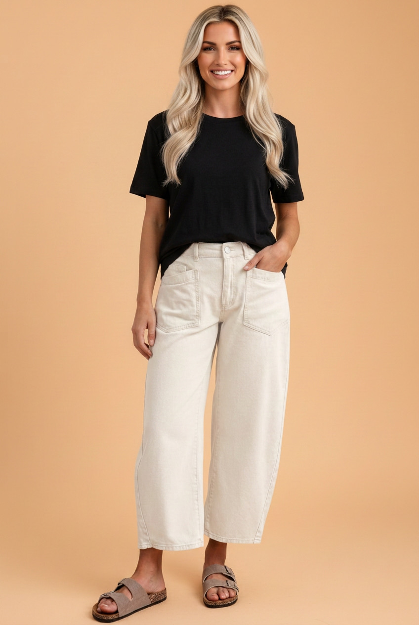 Solid Patch Pocket Ankle Length Barrel Jeans