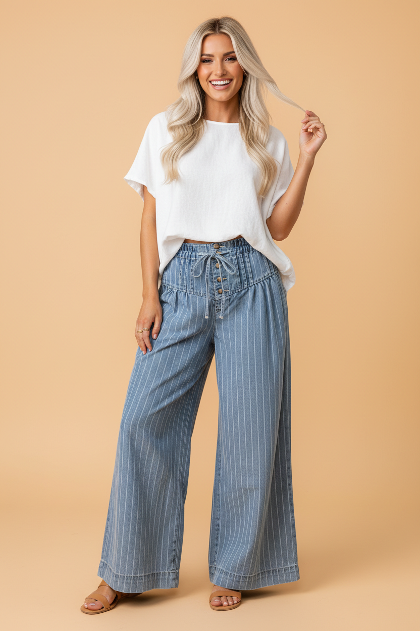 Stripe Button Pleated Drawstring Wide Leg Jeans