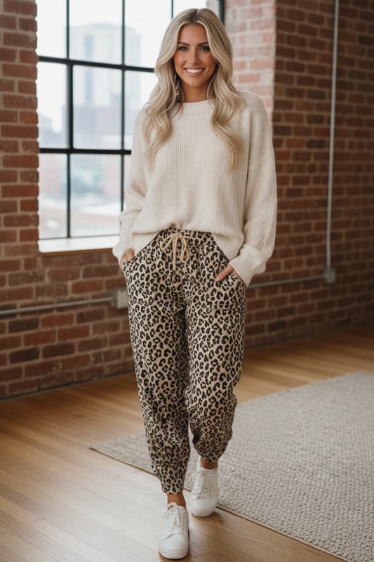 Leopard Drawstring Elastic Waist Loose Denim Pants