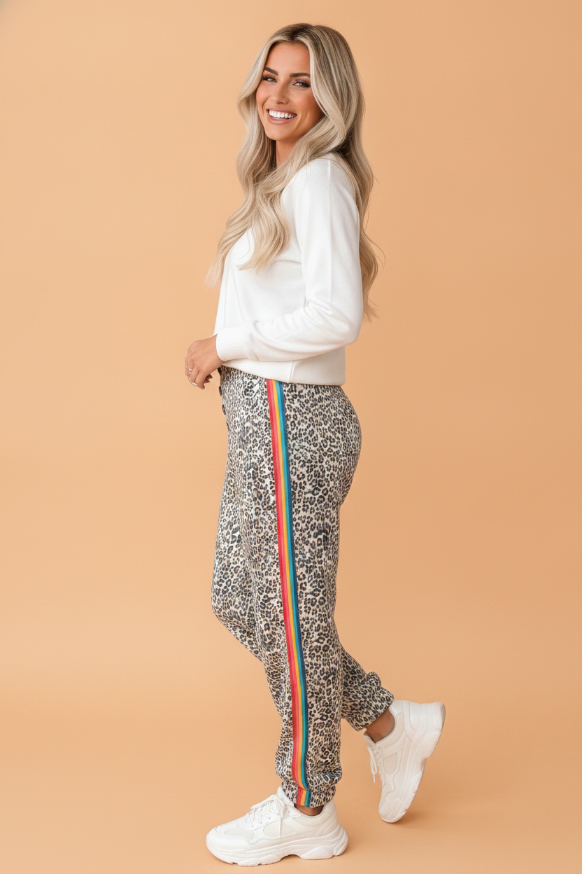Leopard Side Stripe Buttoned High Waist Jogger Jeans