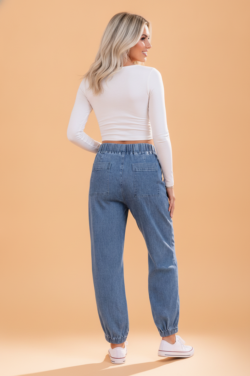 Solid Denim Drawstring Elastic Waist Harem Jeans