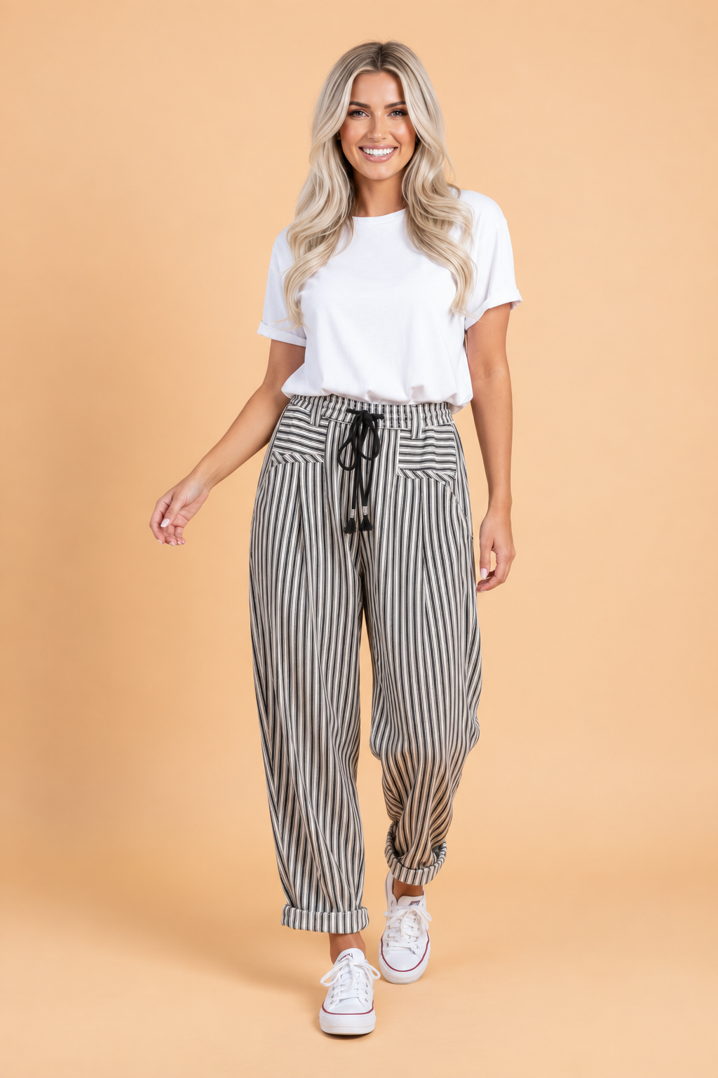 Stripe High Waist Drawstring Loose Pants