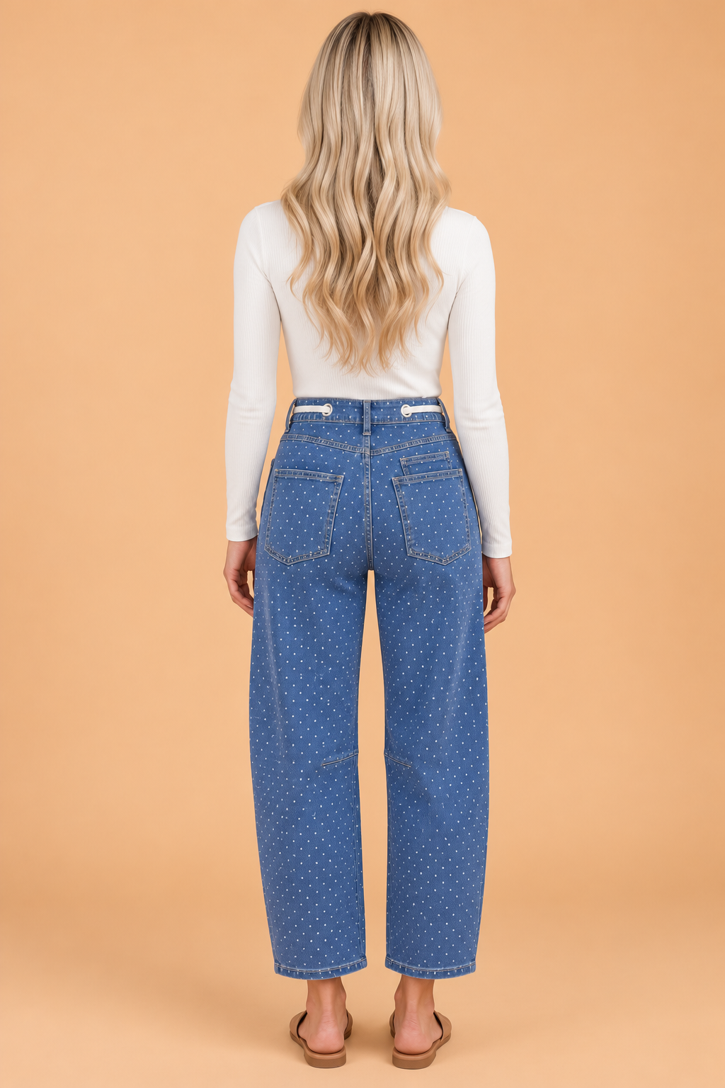 Polka Dot Denim Drawstring High Waist Barrel Jeans